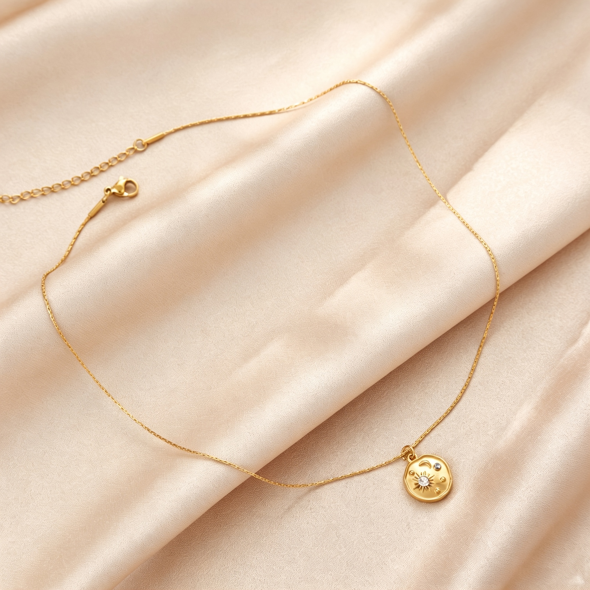 Stainless Steel Inlaid Colored Zirconia Moon Pendant Necklace